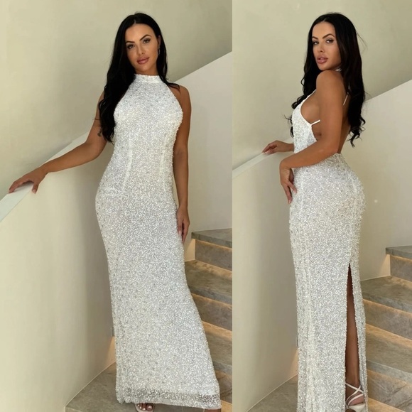 Retrofete Olivia Hand Beaded Sequin Halter Open Back Gown White NEW with tags - Picture 16 of 16